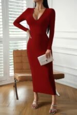 Solid Deep V Neck Elastic Slim Fit Midi Dress