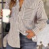 V Neck Striped Button Down Pocket Long Sleeve Blouse