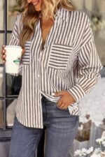 V Neck Striped Button Down Pocket Long Sleeve Blouse