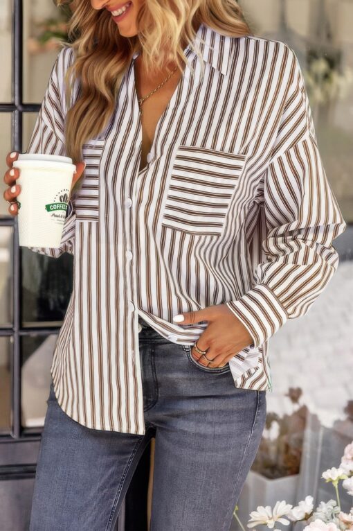 V Neck Striped Button Down Pocket Long Sleeve Blouse