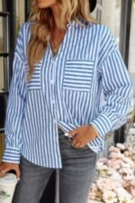 V Neck Striped Button Down Pocket Long Sleeve Blouse - Image 3