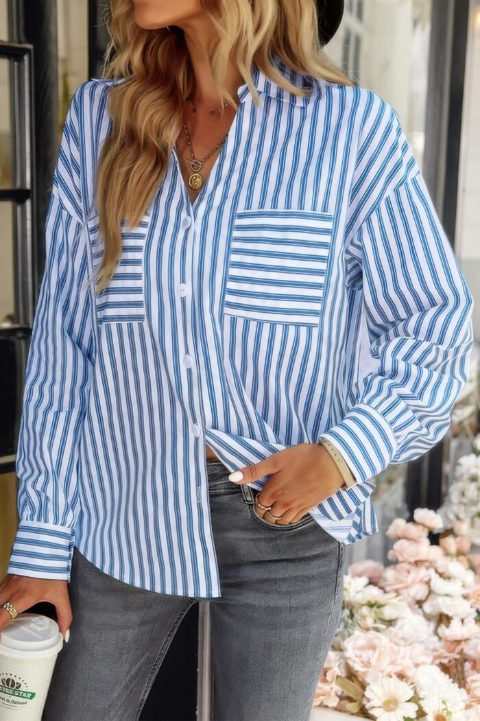 V neck striped button down pocket long sleeve blouse - image 3