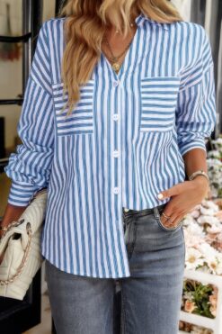 V Neck Striped Button Down Pocket Long Sleeve Blouse