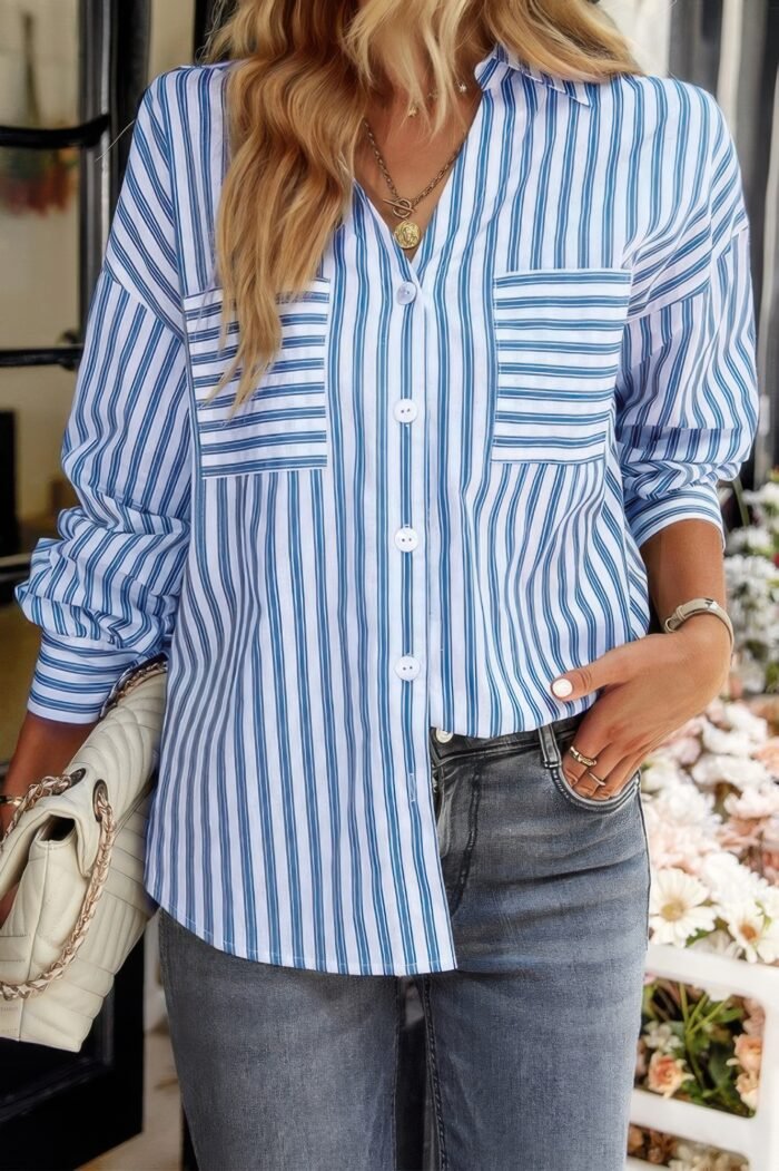V neck striped button down pocket long sleeve blouse - image 4