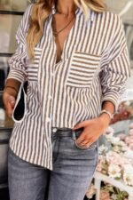V Neck Striped Button Down Pocket Long Sleeve Blouse - Image 2