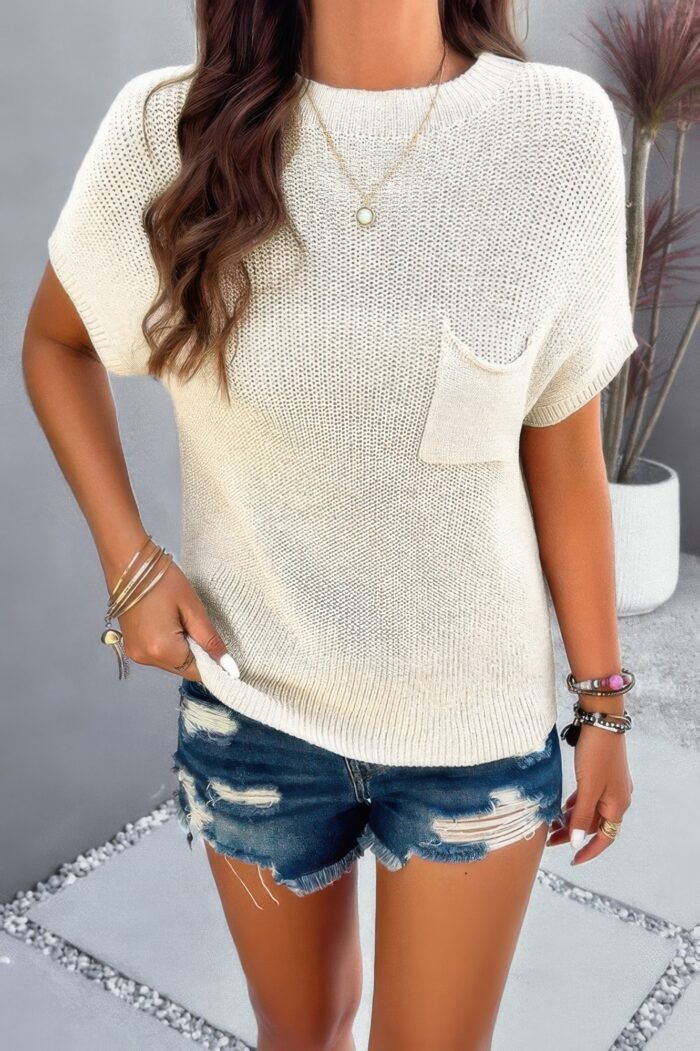 Solid Short Cap Sleeve Ribbed Knit Loose Top - Image 3