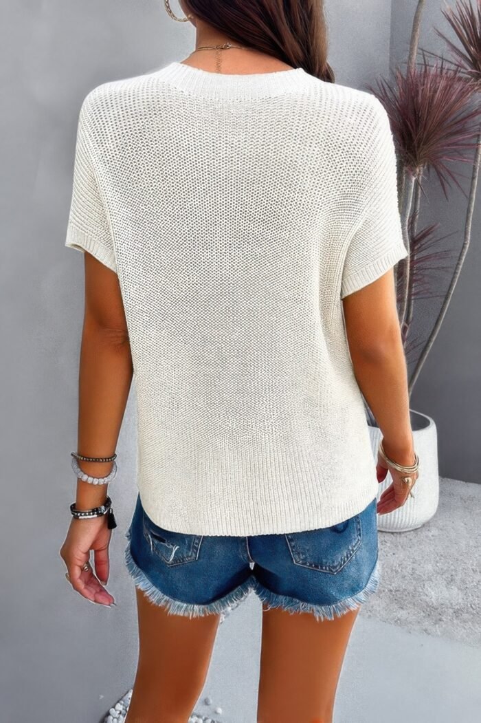 Solid Short Cap Sleeve Ribbed Knit Loose Top - Image 6
