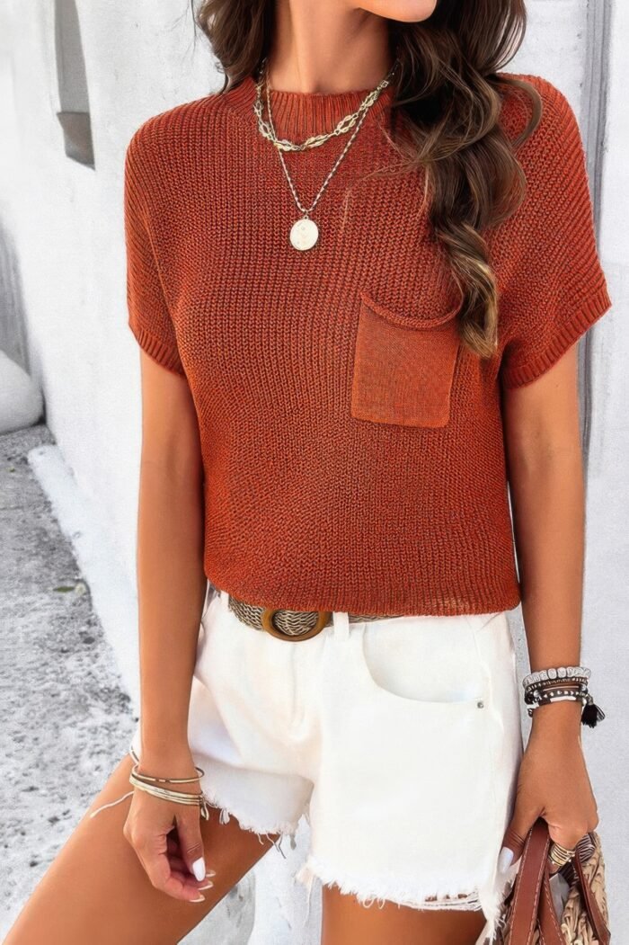 Solid Short Cap Sleeve Ribbed Knit Loose Top - Image 7