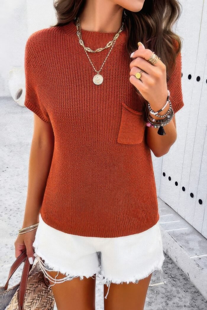 Solid Short Cap Sleeve Ribbed Knit Loose Top - Image 9