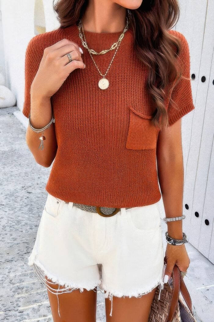 Solid Short Cap Sleeve Ribbed Knit Loose Top - Image 10