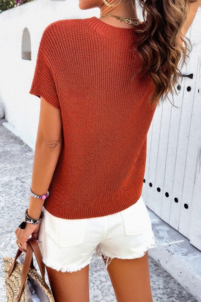Solid Short Cap Sleeve Ribbed Knit Loose Top - Image 11