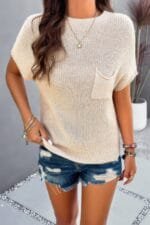 Solid Short Cap Sleeve Ribbed Knit Loose Top