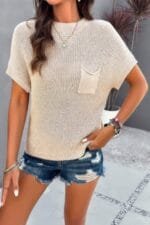 Solid Short Cap Sleeve Ribbed Knit Loose Top