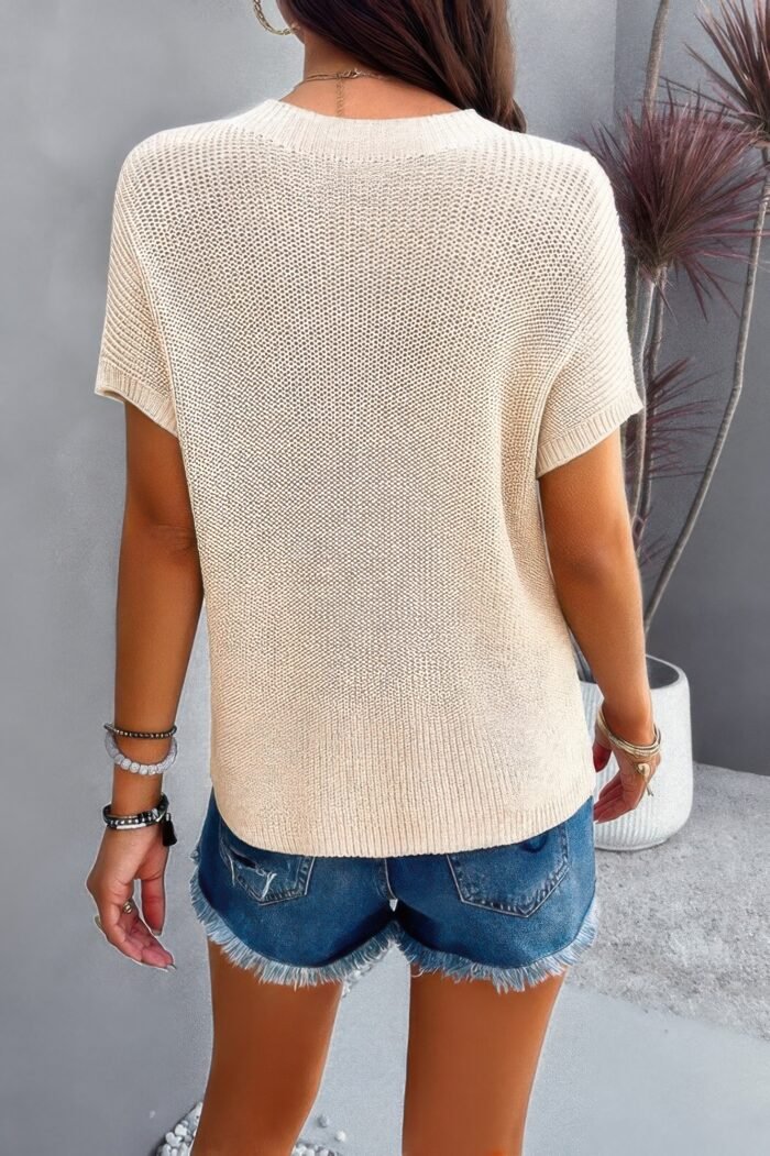 Solid Short Cap Sleeve Ribbed Knit Loose Top - Image 17