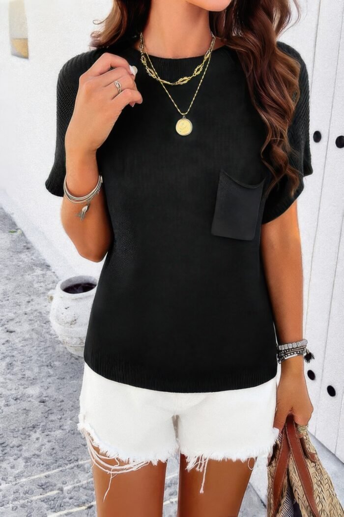 Solid Short Cap Sleeve Ribbed Knit Loose Top - Image 18