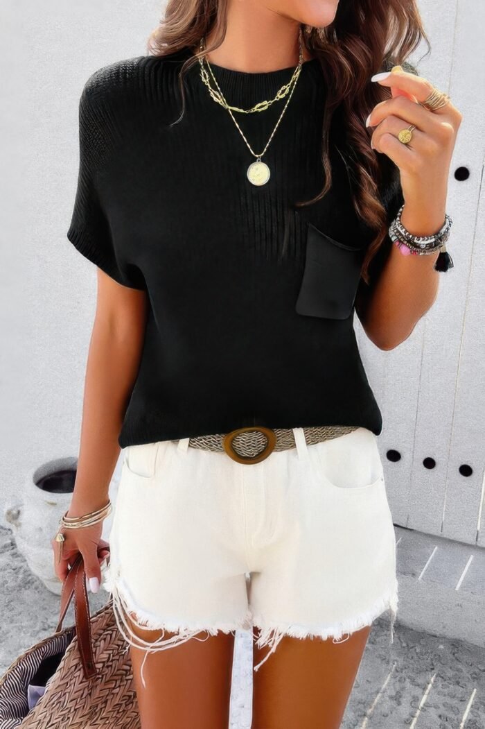 Solid Short Cap Sleeve Ribbed Knit Loose Top - Image 20