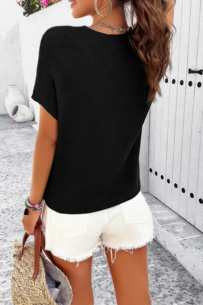 Solid Short Cap Sleeve Ribbed Knit Loose Top - Image 21