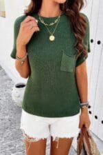 Solid Short Cap Sleeve Ribbed Knit Loose Top