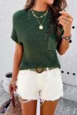 Solid Short Cap Sleeve Ribbed Knit Loose Top