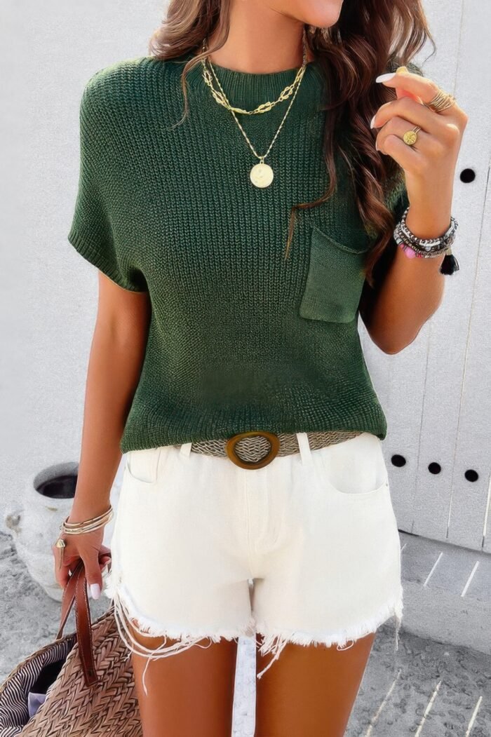 Solid Short Cap Sleeve Ribbed Knit Loose Top - Image 24