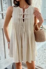 Solid Tie Knot Pleated Sleeveless Mini Dress