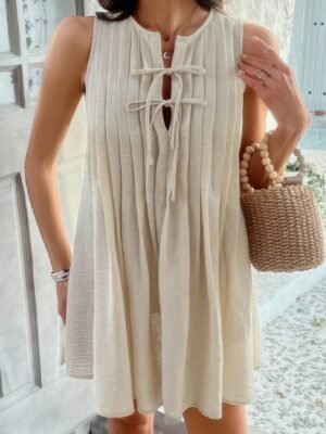 Solid Tie Knot Pleated Sleeveless Mini Dress