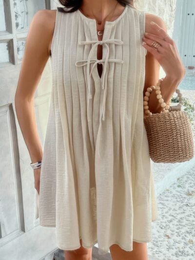Solid Tie Knot Pleated Sleeveless Mini Dress