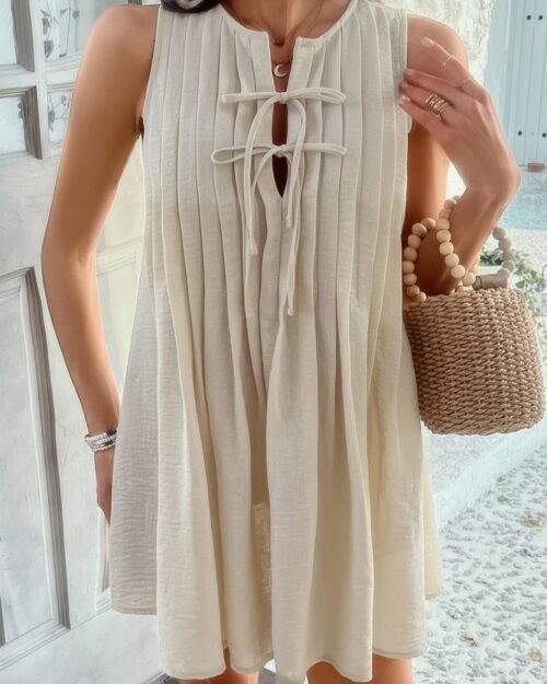 Solid Tie Knot Pleated Sleeveless Mini Dress