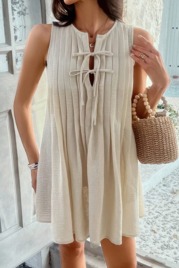 Solid Tie Knot Pleated Sleeveless Mini Dress - Image 1