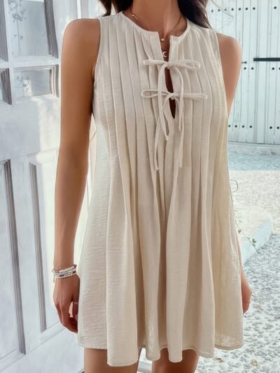 Solid Tie Knot Pleated Sleeveless Mini Dress Solid Tie Knot Pleated Sleeveless Mini Dress