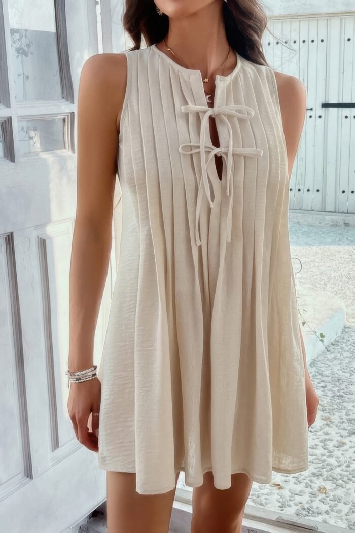 Solid Tie Knot Pleated Sleeveless Mini Dress - Image 3