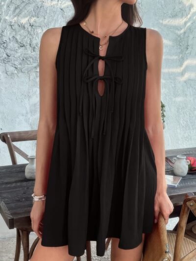 Solid Tie Knot Pleated Sleeveless Mini Dress Solid Tie Knot Pleated Sleeveless Mini Dress