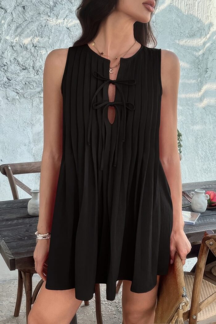 Solid Tie Knot Pleated Sleeveless Mini Dress - Image 6