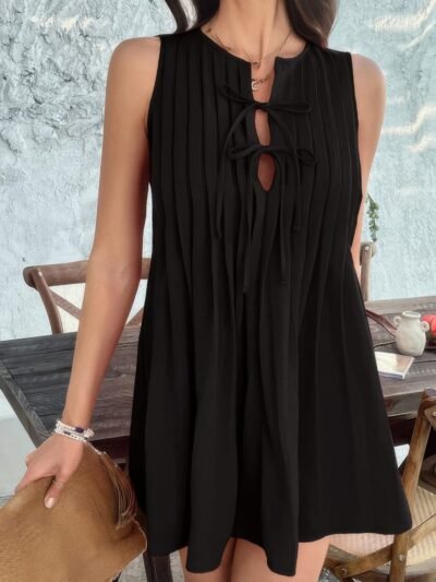 Solid Tie Knot Pleated Sleeveless Mini Dress Solid Tie Knot Pleated Sleeveless Mini Dress