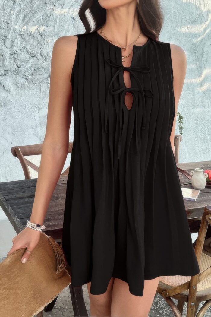 Solid Tie Knot Pleated Sleeveless Mini Dress - Image 7