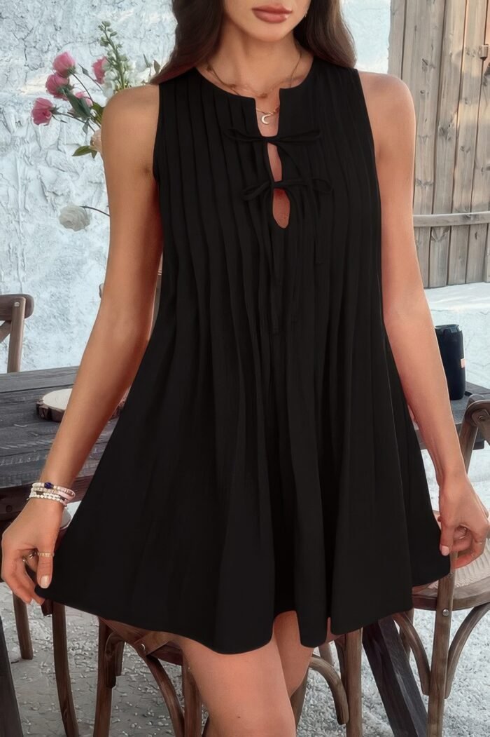 Solid Tie Knot Pleated Sleeveless Mini Dress - Image 9
