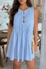 Solid Tie Knot Pleated Sleeveless Mini Dress