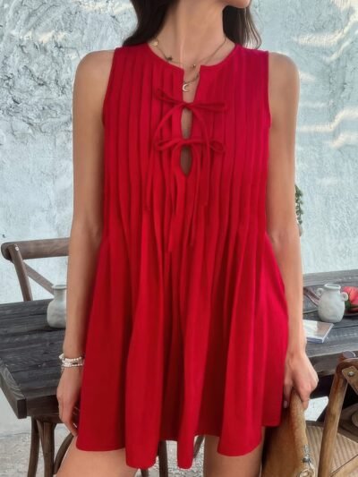 Solid Tie Knot Pleated Sleeveless Mini Dress Solid Tie Knot Pleated Sleeveless Mini Dress