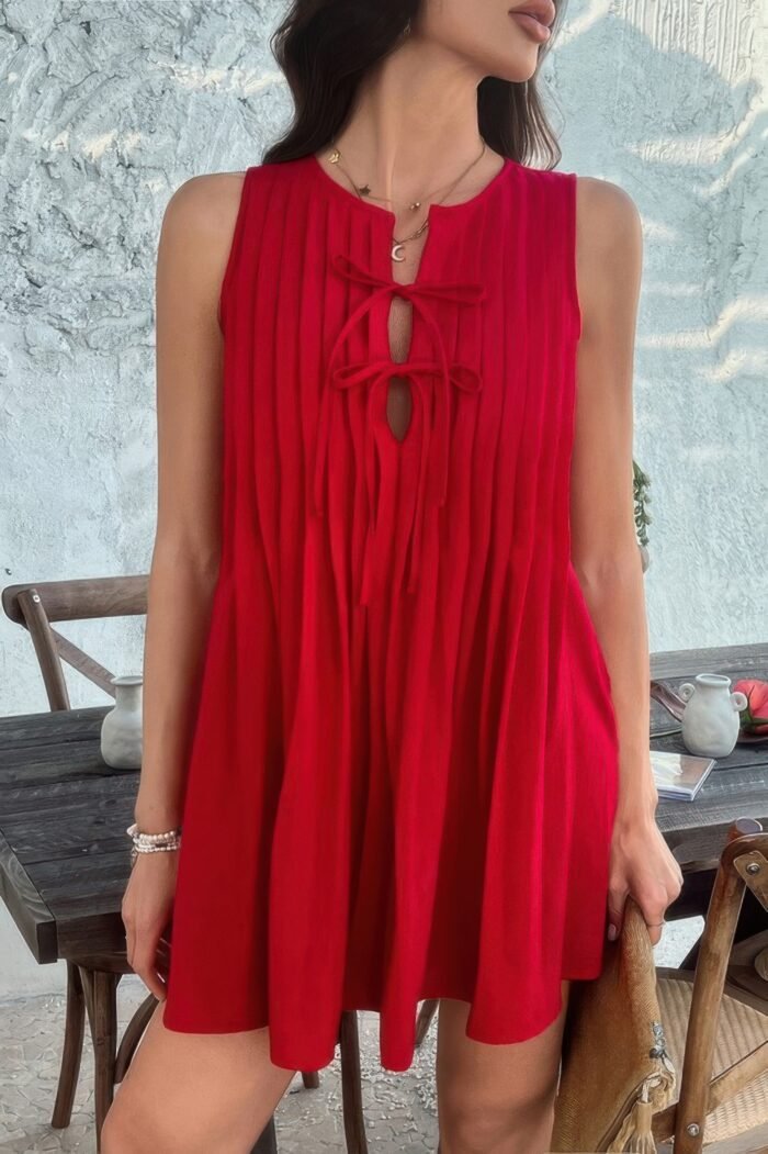 Solid Tie Knot Pleated Sleeveless Mini Dress - Image 15