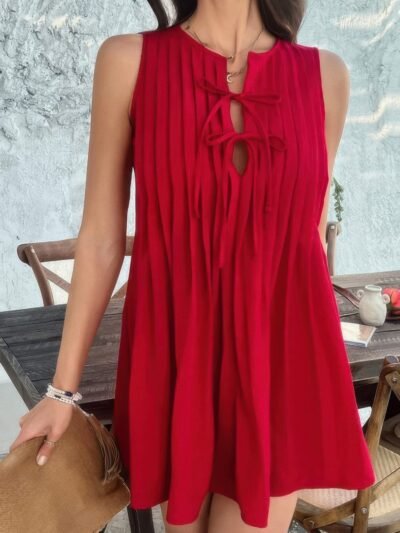 Solid Tie Knot Pleated Sleeveless Mini Dress Solid Tie Knot Pleated Sleeveless Mini Dress