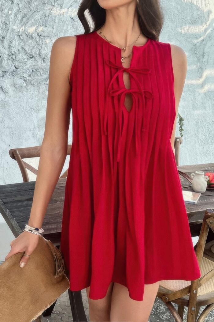 Solid Tie Knot Pleated Sleeveless Mini Dress - Image 16