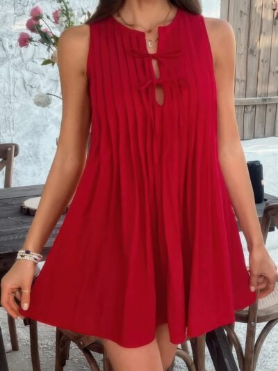 Solid Tie Knot Pleated Sleeveless Mini Dress Solid Tie Knot Pleated Sleeveless Mini Dress
