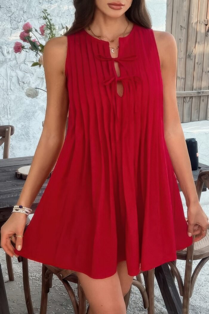 Solid Tie Knot Pleated Sleeveless Mini Dress - Image 18