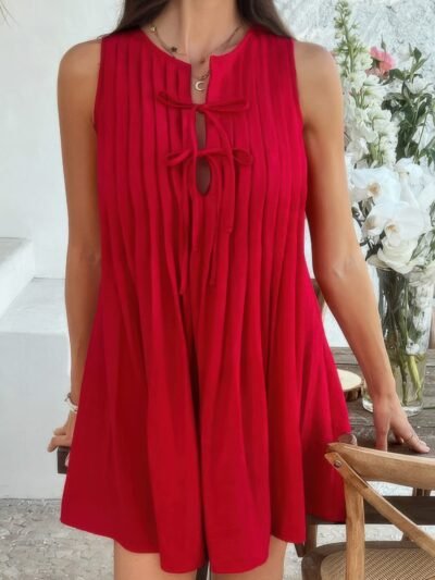 Solid Tie Knot Pleated Sleeveless Mini Dress Solid Tie Knot Pleated Sleeveless Mini Dress