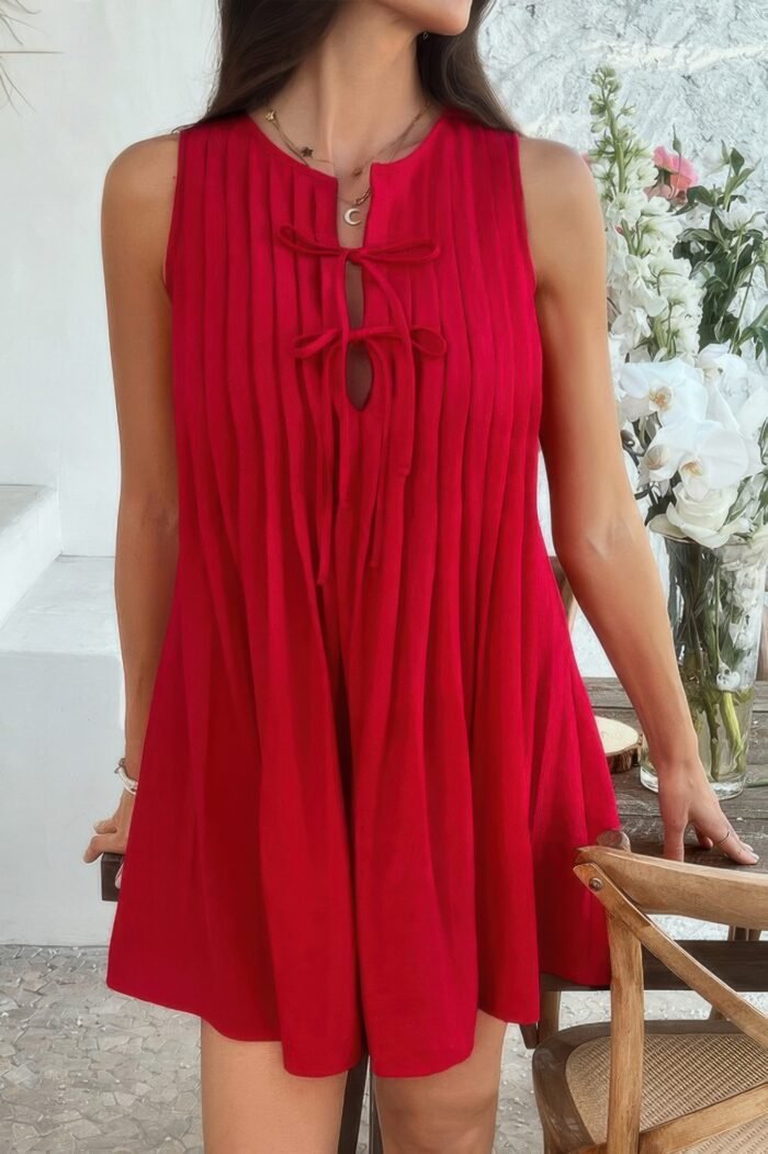 Solid Tie Knot Pleated Sleeveless Mini Dress - Image 19