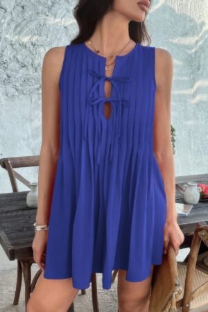 Solid Tie Knot Pleated Sleeveless Mini Dress