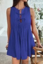 Solid Tie Knot Pleated Sleeveless Mini Dress