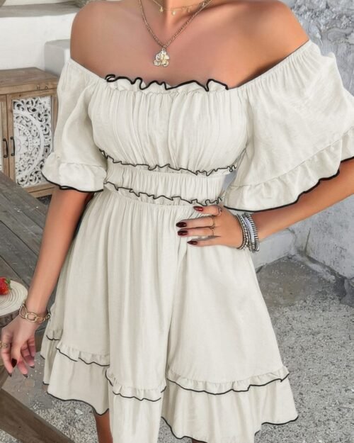 off shoulder square neck ruffle trim short dress