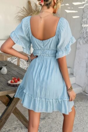 Off Shoulder Square Neck Ruffle Trim Short Dress