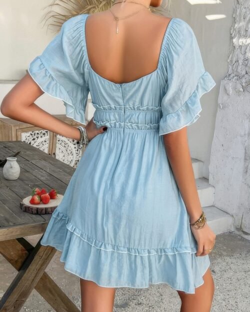off shoulder square neck ruffle trim short dress